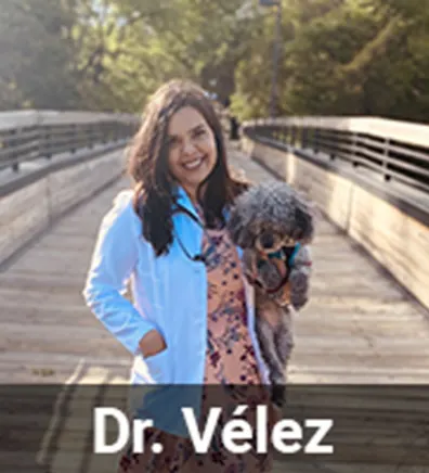 Dr. Velez holding a dog and standing on a bridge